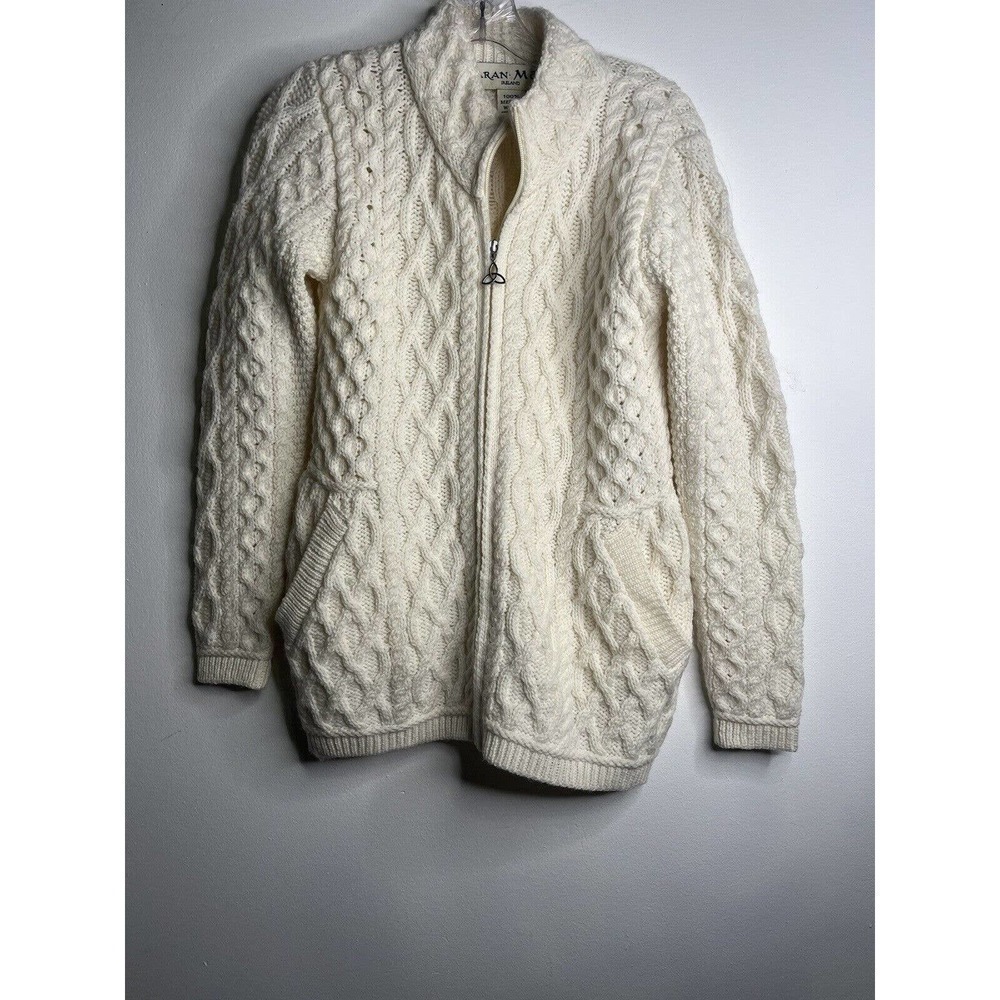 ARAN Mor Ireland 100% Merino Wool Zipup Cardigan Sweater Small Beige